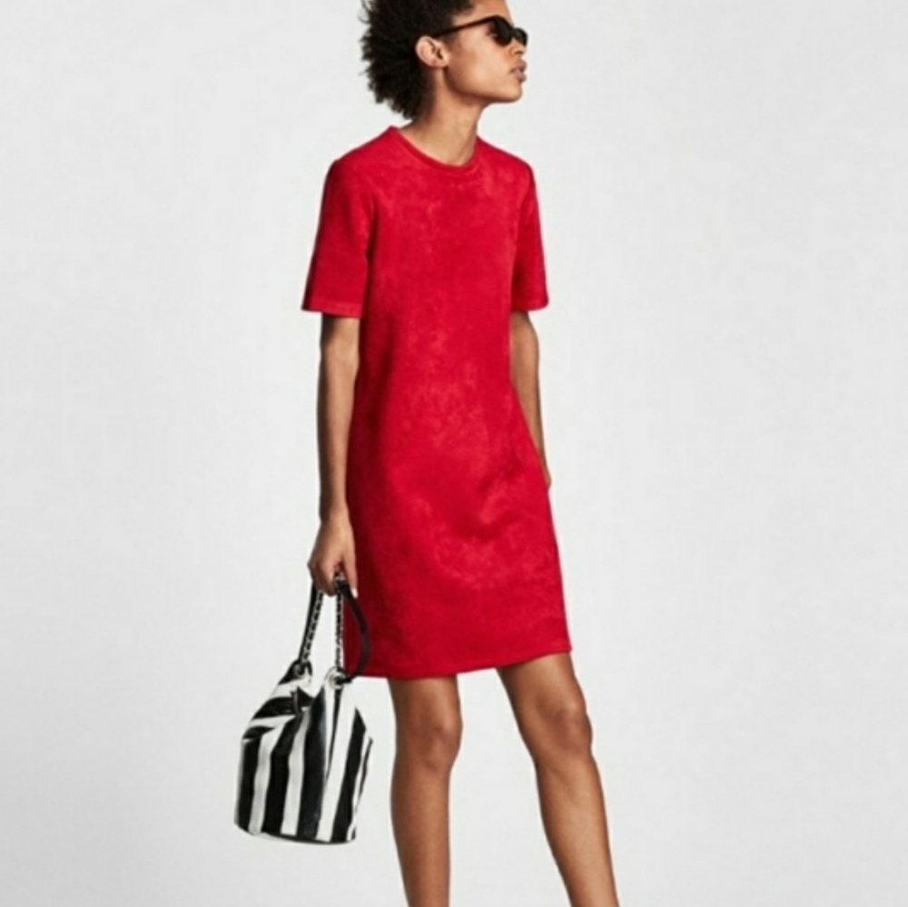 Zara Red Suedette Short Sleeve Shift Mini Dress Size  Small